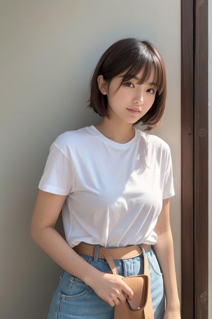 japanese modest female,light brown hair,dirty white t-shirt,,large tareme,curvy short hair,portrait