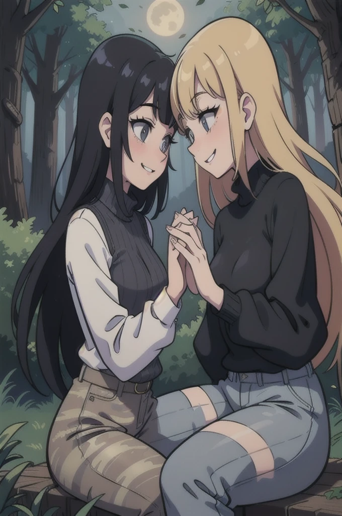 Devious Lesbian Girls in Black Sweaters, gray camouflage pants, smiling and looking at each other seductively, forest at night,