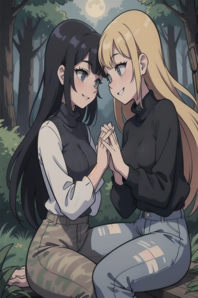   Devious Lesbian Girls in Black Sweaters, gray camouflage pants, smiling and looking at each other seductively, forest at night, 