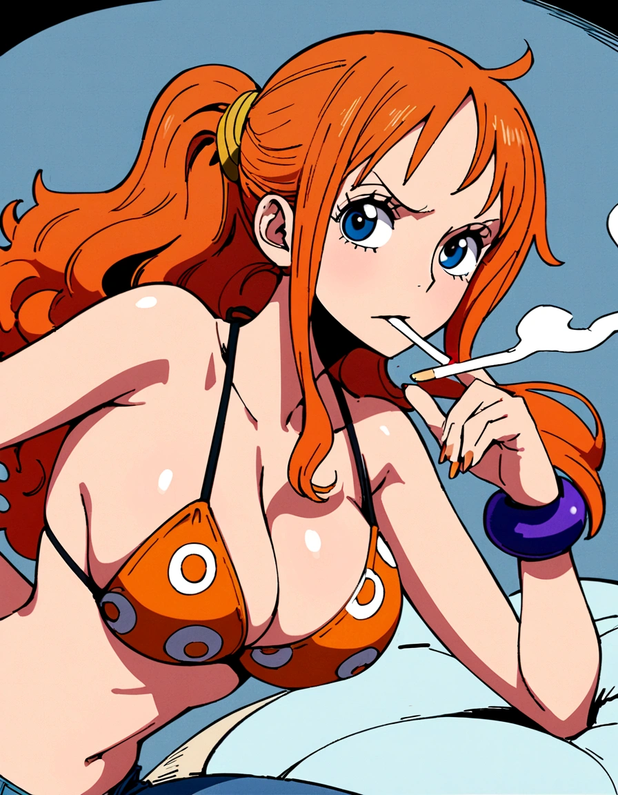 a cartoon picture of a woman in a bikini top and jeans, nami one piece, nami from one piece, nami, beautiful portrait of nami, from one piece, oppai, blue eyes, smoking, ponytail