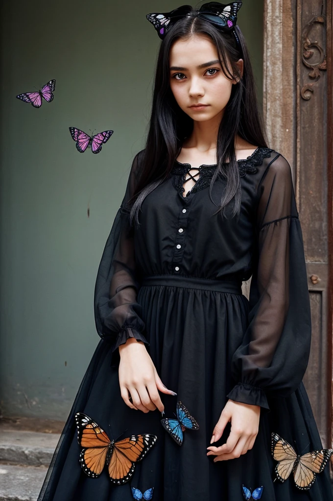 A sad girl with red eye surrounded with cute animals with butterfly on her fingers,black big long dress,thin girl,sad girl, depression 