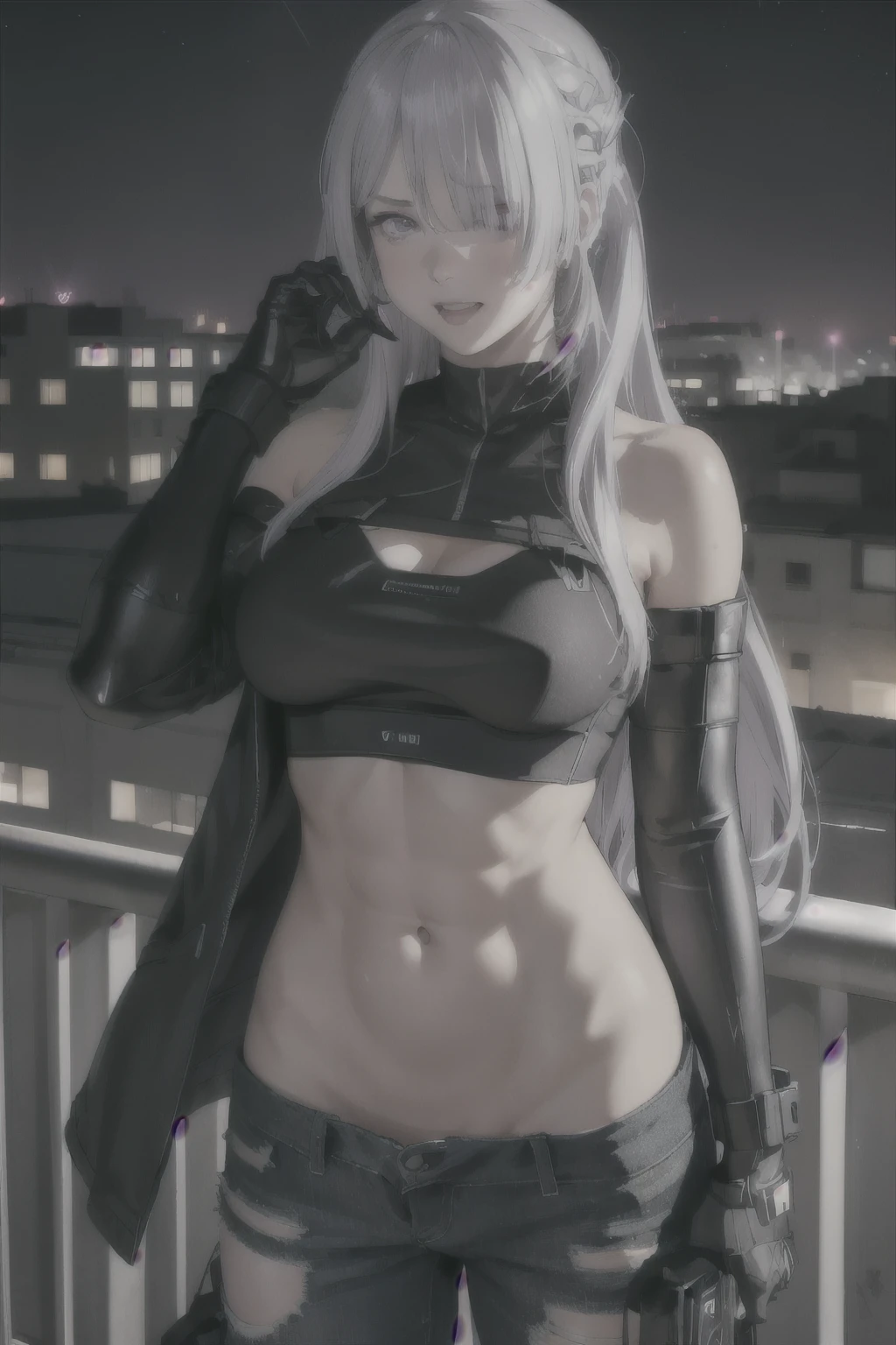 ak15, holding gun, assault rifle, glowing purple eyes, long hair, blush, lipstick,, outdoors, rooftop, cityscape, building, railing, night, night sky, scenery, moon, city lights, gloves, jacket, masterpiece,high quality,4k, bare shoulder,belly,crop top,outdoor,cleavage,jeans,casual
dress,street,road,smile, open mouth, (nsfw) not safe for work, holding a gun,handgun, evil expression,
exposed belly, exposed navel, exposed midriff, exposed lower belly, crop top overhang, underboob,
unbuttoned jeans , low rise black jeans, Low rise jeans, Low rise jeans with open fly, navel piercing