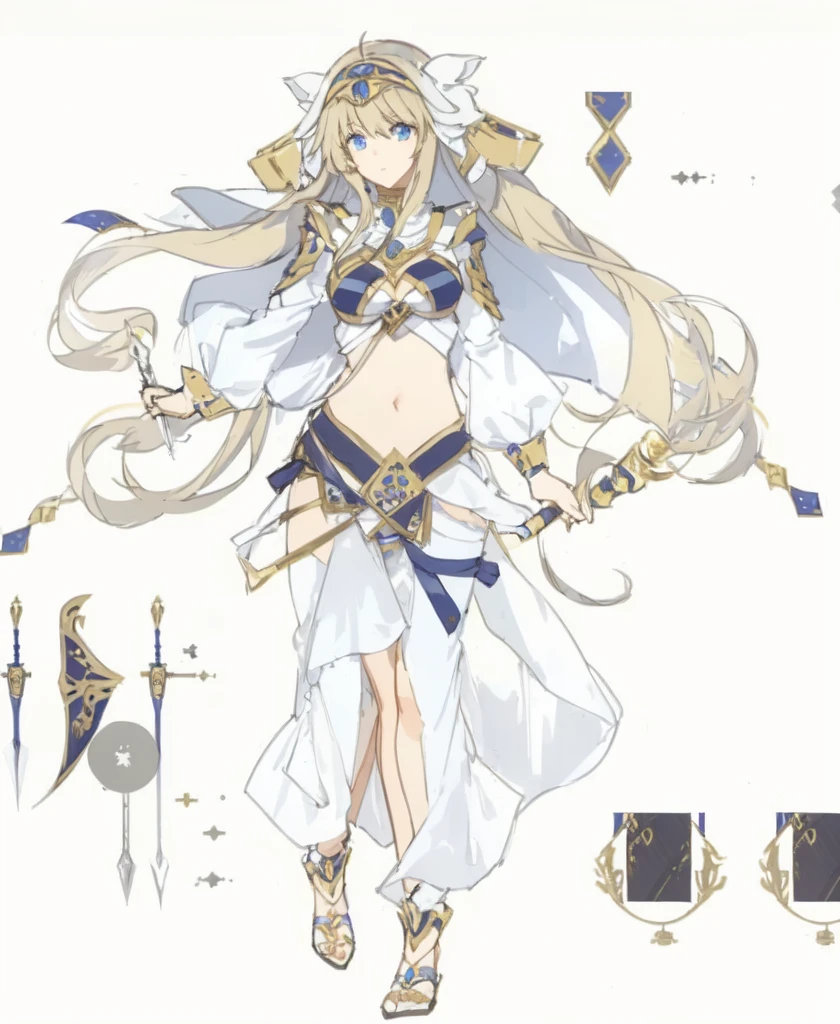 Anime character design of a woman with a sword and armor,  Anime Goddess, Egyptian assassin&#39;s clothes, Holding two swords, Clear clothing design, keqing from t, Adaptable personality, Anime character design,Exotic dancers