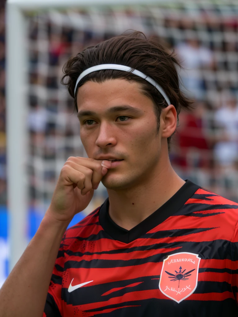 there is a man with a headband on standing in front of a soccer goal, inspired by Jan Asselijn, up close shot shinji aramaki, inspired by Master of the Bambino Vispo, akihiko yoshida 8 k, inspired by Juraj Julije Klović, inspired by Ernő Bánk, in style of kentaro miura
