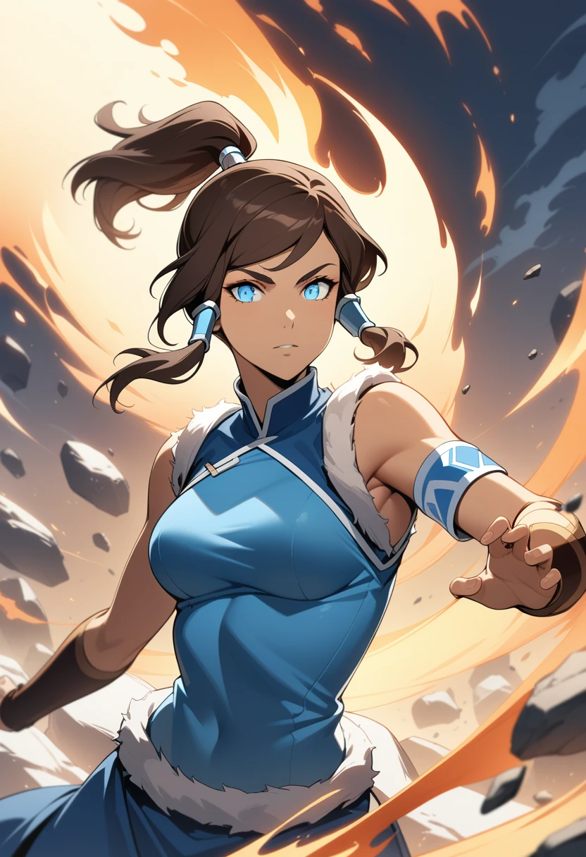 masterpiece, best quality, very aesthetic, absurdres,
1girl, korra, avatar legends, the legend of korra, blue eyes, brown hair, ponytail, blue shirt, element bending, fire, rock, wind, pelt, taut clothes, taut shirt, sleeveless, armband, sidelocks, looking at viewer, fighting stance,