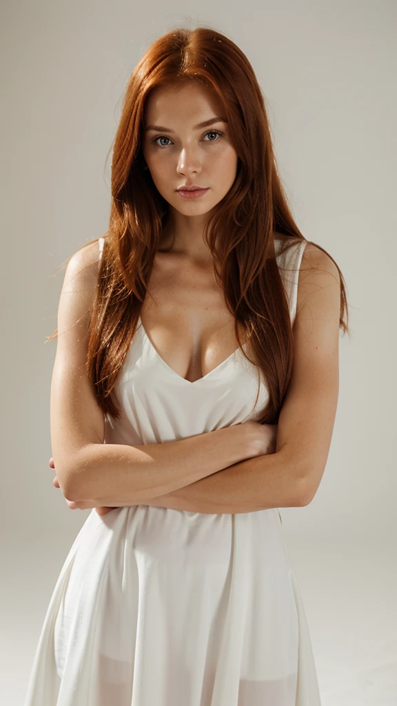 Redhead woman with STRAIGHT HAIR , pray, White background, in a dress, neckline