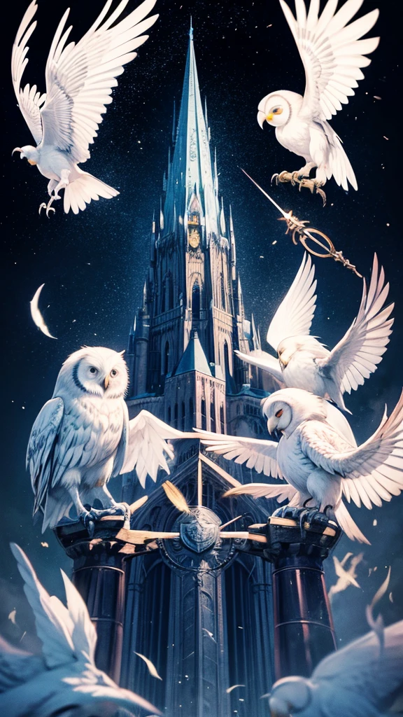 Tattoo design on arm of Hogwarts castle along with a white owl and a wand