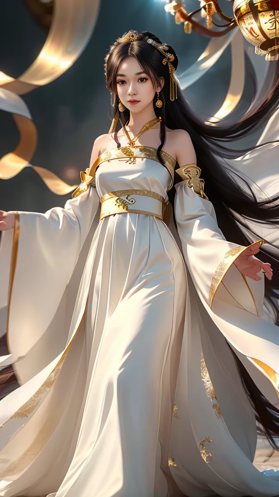 Girl in traditional Chinese clothing, Hanfu, Guzhen Hanfu women, White Hanfu,long straight black hair, black eyes, black bun hairstyle, hair accessories ,white diamond earrings, Bangle Diameter, Dia Necklace, Clear eyes, Facing forward,put on makeup, Long eyelashes ,(gold long shoulder coat:1.5), (Very long skirt, white:1.5), ((Whole body)), ((from below)), Clear face, , (Very beautiful face, Beautiful mouth, beautiful eyes), detailed face, ((Ultra-fine skin)), In the dark, deep shadows, an ancient Chinese girl (Very slim figure 1.3) ,Plump breasts, elegant posture ,(palace in the sky:1.5),