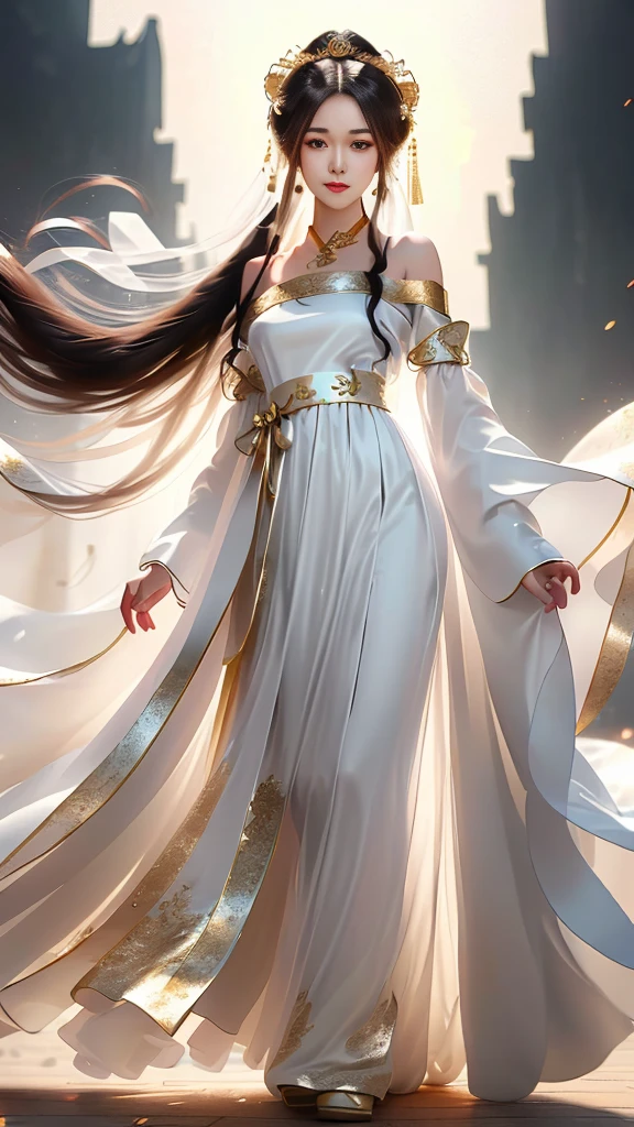 Girl in traditional Chinese clothing, Hanfu, Guzhen Hanfu women, White Hanfu,long straight black hair, black eyes, black bun hairstyle, hair accessories ,white diamond earrings, Bangle Diameter, Dia Necklace, Clear eyes, Facing forward,put on makeup, Long eyelashes ,(gold long shoulder coat:1.5), (Very long skirt, white:1.5), ((Whole body)), ((from below)), Clear face, , (Very beautiful face, Beautiful mouth, beautiful eyes), detailed face, ((Ultra-fine skin)), In the dark, deep shadows, an ancient Chinese girl (Very slim figure 1.3) ,Plump breasts, elegant posture ,(palace in the sky:1.5),