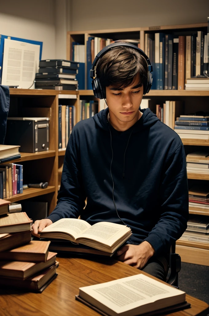 A person sitting at a table with many books around him with headphones in his ears in a band room at night