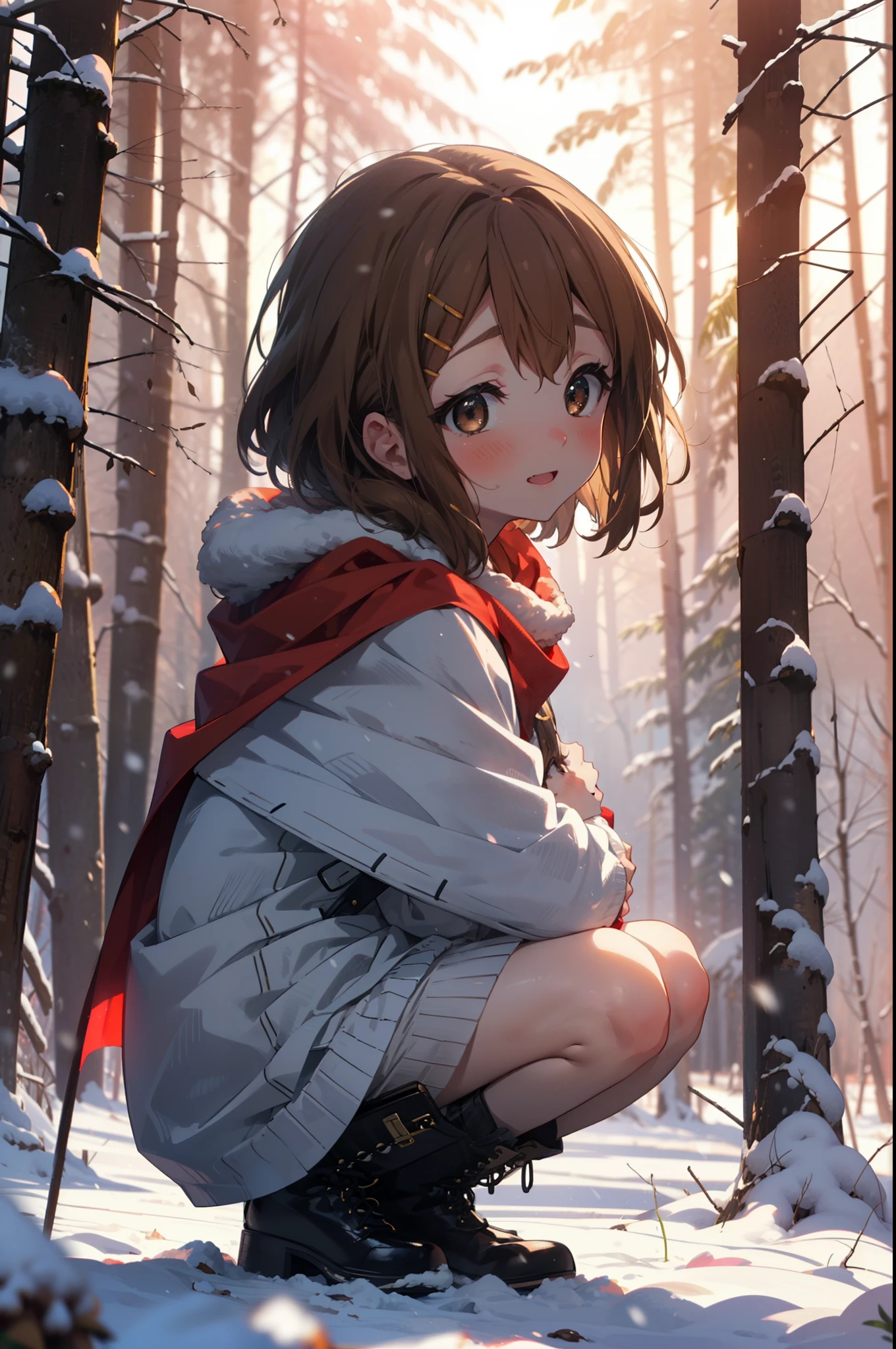 yuihirasawa, Yui Hirasawa, short hair, Brown Hair, hair ornaments, (Brown eyes:1.5), Hair Clip、smile,smile,blush,White Breath,
Open your mouth,snow,Ground bonfire,, Outdoor, boots, snowing, From the side, wood, suitcase, Cape, Blurred, , forest, White handbag, nature, Squat, Mouth closed, Cape, winter, Written boundary depth, Black shoes, red Cape break looking at viewer, Upper Body, whole body, break Outdoor, forest, nature, break (masterpiece:1.2), Highest quality, High resolution, unity 8k wallpaper, (shape:0.8), (Beautiful and beautiful eyes:1.6), Highly detailed face, Perfect lighting, Highly detailed CG, (Perfect hands, Perfect Anatomy),