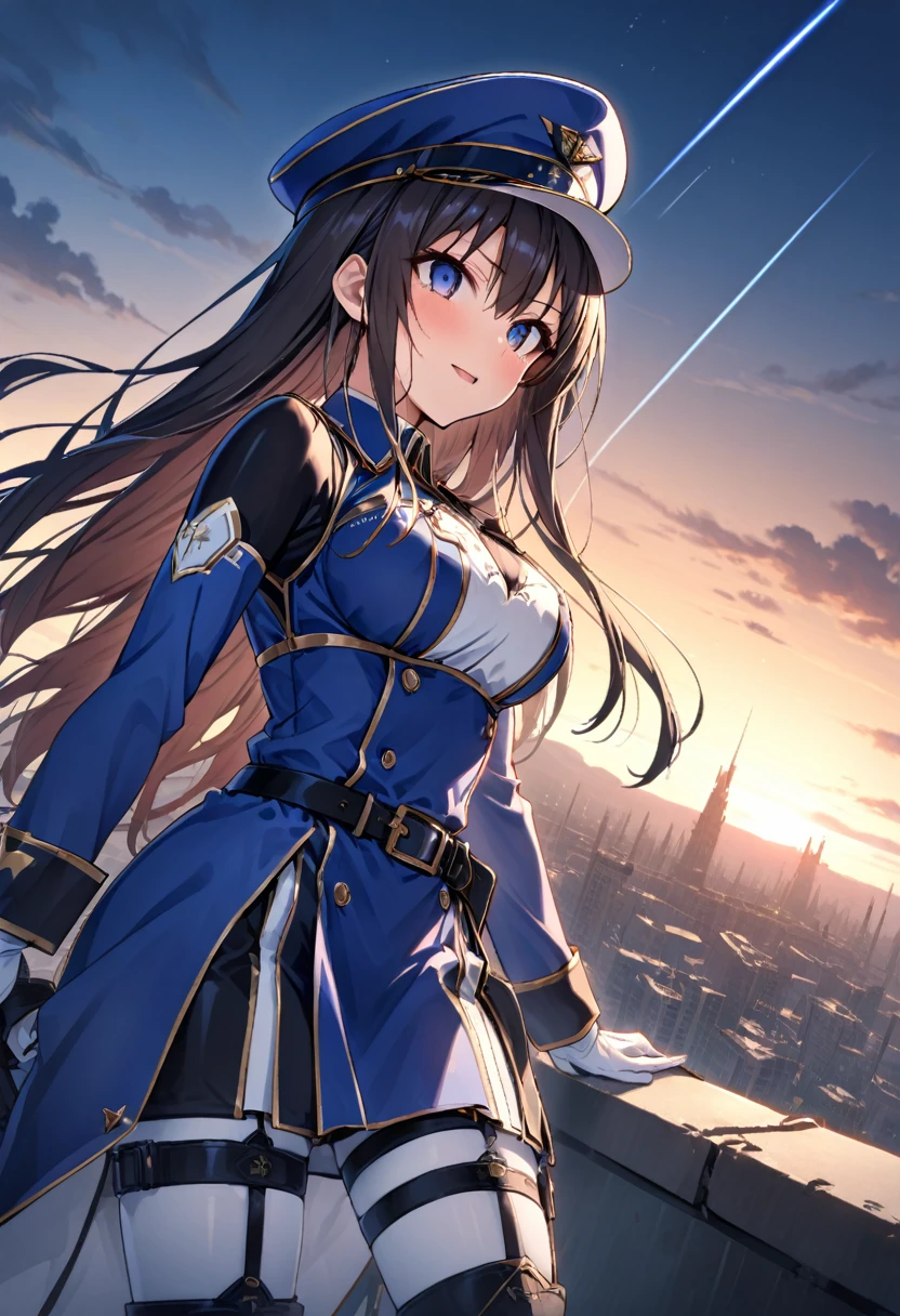 Facing forward　girl　Military uniforms with a white base and some black　Spectacular Background　A shooting star is falling　Beautiful night view　　　She is on the right　On the left you can see the destroyed city.　He has a gun　　　服にはplaneが描かれています　背景の上部にはFighterが飛んでいます　White Moon　blue eyes　　There is one person　blue and long hair　wearing a military cap　war　I'm wearing pants　Precision　masterpiece　girlにクローズアップ　girlを正面から見ています　Straight Rare　soldier　battlefield　{超Precision} Satanic　Terrified face　　Scared　Anime Style　 {war} {Gunfight} {Fighterの擬人化} Fighter　tank　Battleship　plane　Thunder Day　Mechanical Man　宇宙Battleshipヤマトの武装をつけています　A dignified expression　F-16Fighterの翼を背中につけています