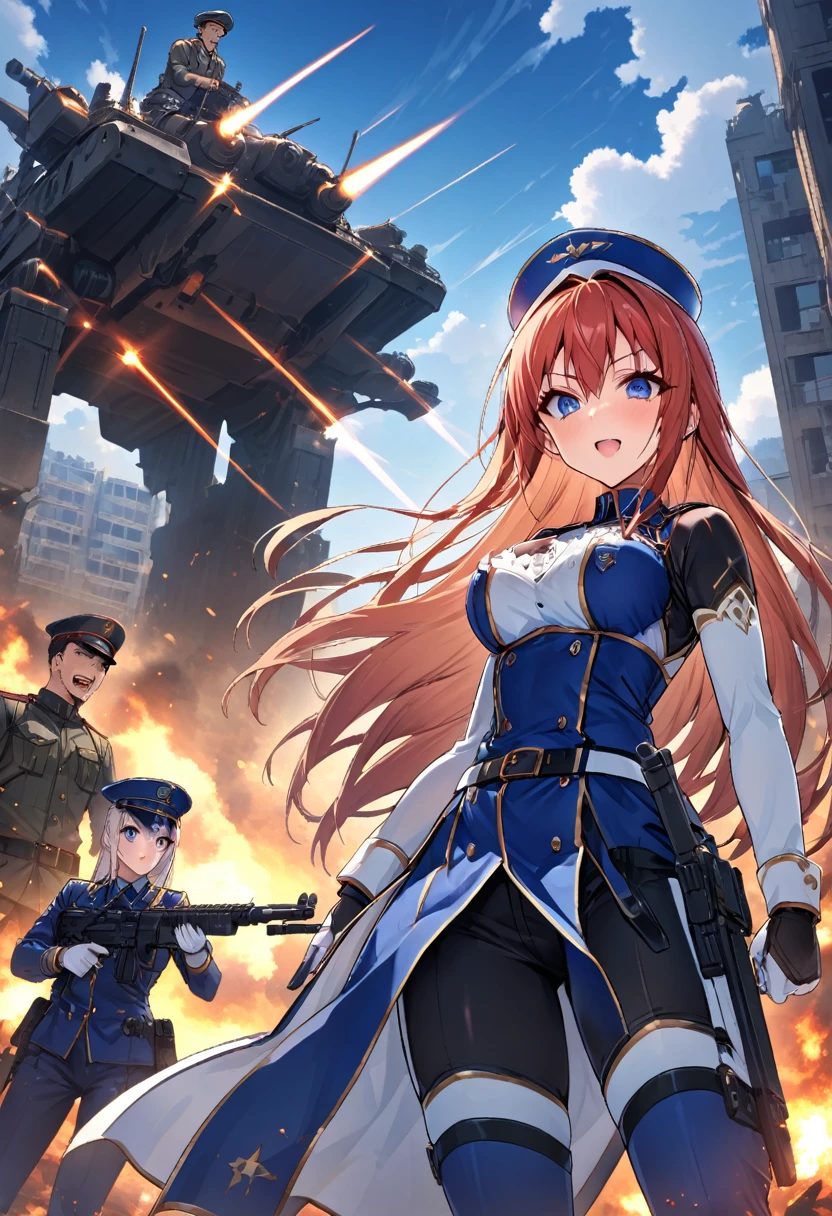 Facing forward　girl　Military uniforms with a white base and some black　Spectacular Background　A shooting star is falling　Beautiful night view　　　She is on the right　On the left you can see the destroyed city.　He has a gun　　　服にはplaneが描かれています　背景の上部にはFighterが飛んでいます　White Moon　blue eyes　　There is one person　blue and long hair　wearing a military cap　war　I'm wearing pants　Precision　masterpiece　girlにクローズアップ　girlを正面から見ています　Straight Rare　soldier　battlefield　{超Precision} Satanic　Terrified face　　Scared　Anime Style　 {war} {Gunfight} {Fighterの擬人化} Fighter　tank　Battleship　plane　Thunder Day　Mechanical Man　宇宙Battleshipヤマトの武装をつけています　A dignified expression　F-16Fighterの翼を背中につけています