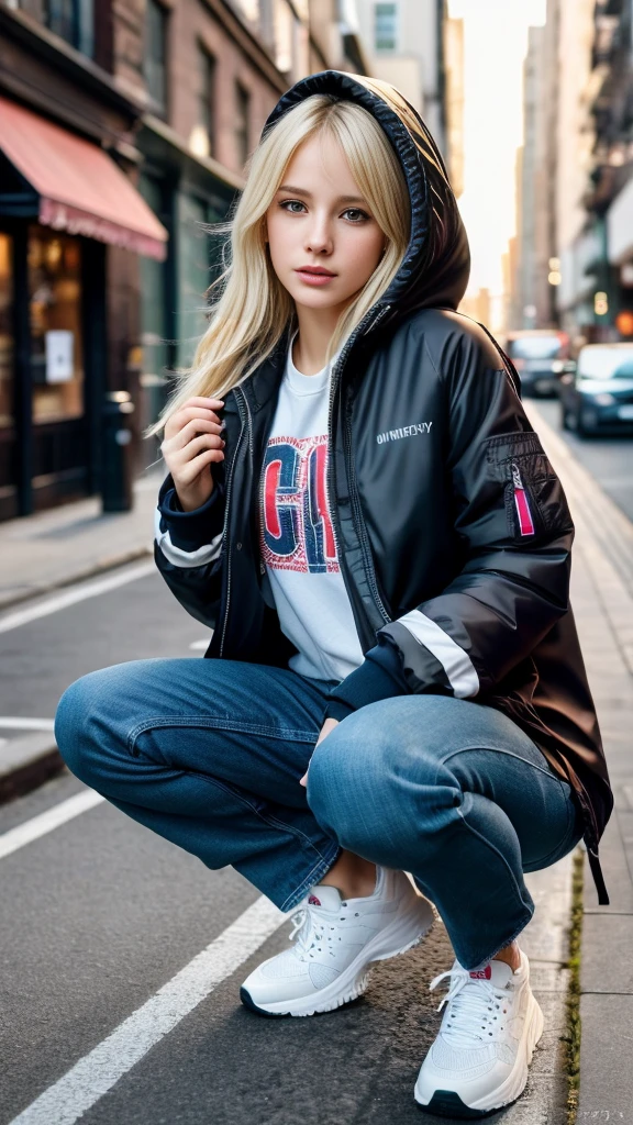 (Highest quality, 8K, 32k, masterpiece, Ultra-high resolution):1.2, Blurred Background, Great photo with beautiful saturation, Ultra-high resolution,(Realistic:1.4)),Deep Shadow,(Highest quality), ultra Realistic,32k,非常に詳細な CG Unity 8K 壁紙, Highest quality, (Detailed face, Perfect Face, Perfect Eyes, Realistic eyes),1 Girl,Trendy clothes,clock,sneakers,Squat down,Hands hang down naturally,Hooded jacket,Street side,(Fairy),(blonde)