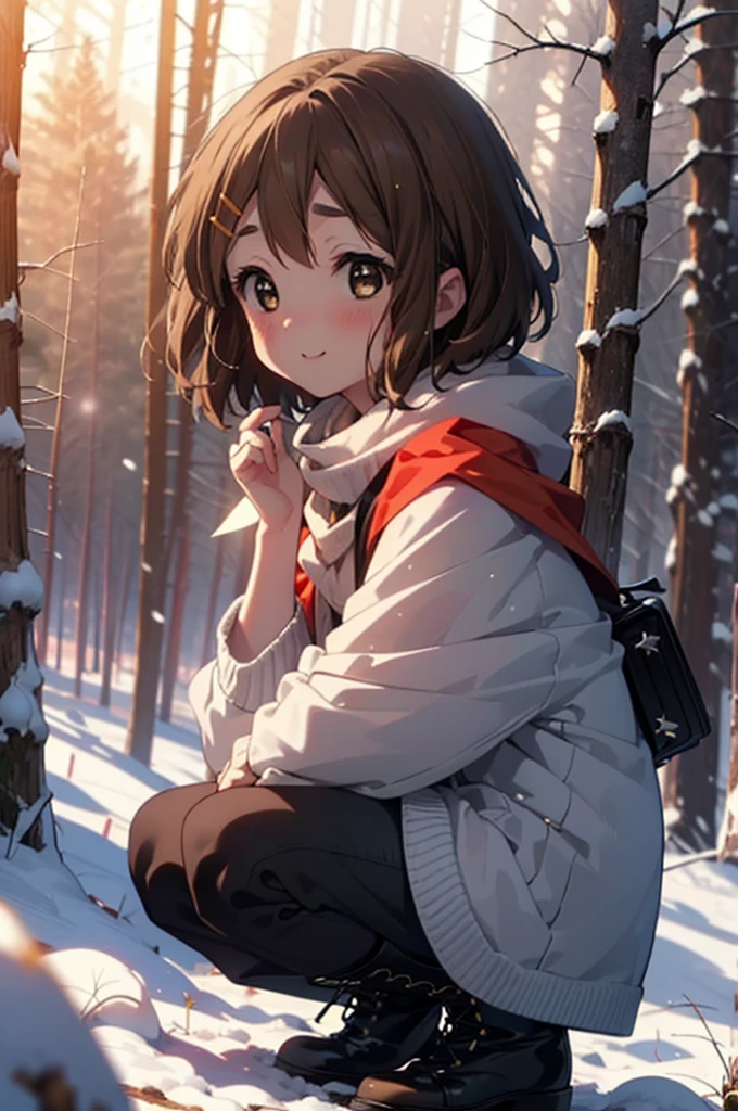 yuihirasawa, Yui Hirasawa, short hair, Brown Hair, hair ornaments, (Brown eyes:1.5), Hair Clip、smile,smile,blush,White Breath,
Open your mouth,snow,Ground bonfire,, Outdoor, boots, snowing, From the side, wood, suitcase, Cape, Blurred, , forest, White handbag, nature,  Squat, Mouth closed, Cape, winter, Written boundary depth, Black shoes, red Cape break looking at viewer, Upper Body, whole body, break Outdoor, forest, nature, break (masterpiece:1.2), Highest quality, High resolution, unity 8k wallpaper, (shape:0.8), (Beautiful and beautiful eyes:1.6), Highly detailed face, Perfect lighting, Highly detailed CG, (Perfect hands, Perfect Anatomy),