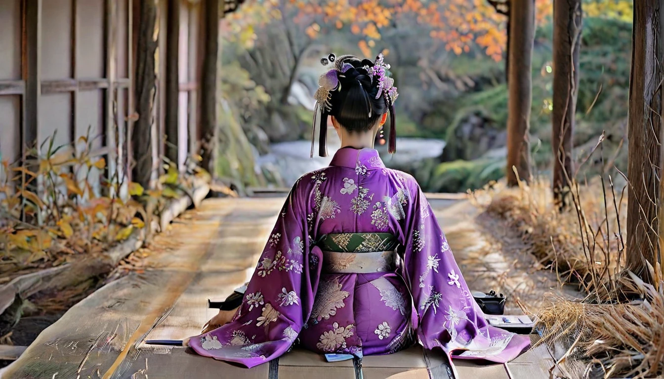 A photo of a man from the imperial family wearing a purple kimono and a long black hat, seen from behind, reading an old book