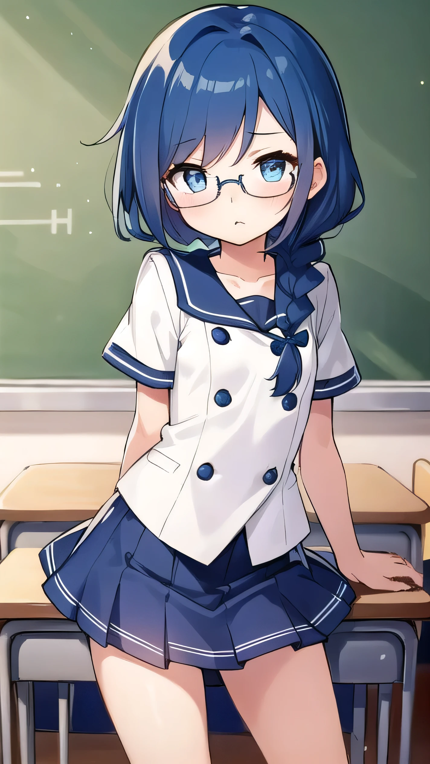 small breasted girl, short, , blue hair, single braid, blue eyes, round eyes, shy, shy, classroom, short, young face, short height, , glasses with no edges,flat chest,