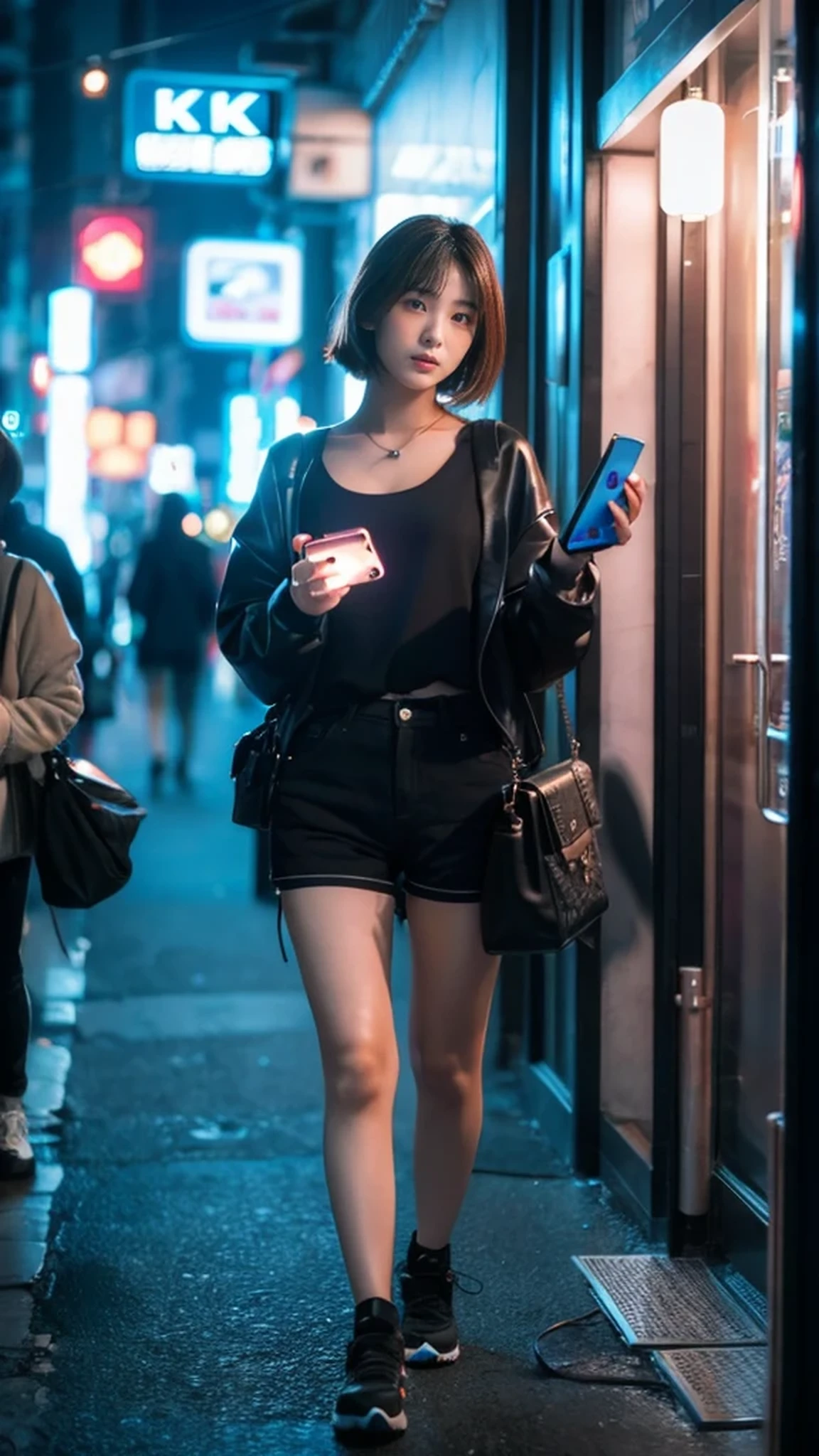 ((Beautiful girl holding a mobile phone in her hand)) 4K 8K:: Realistic::4. Cyberpunk::1 --v 4 --Quality 2