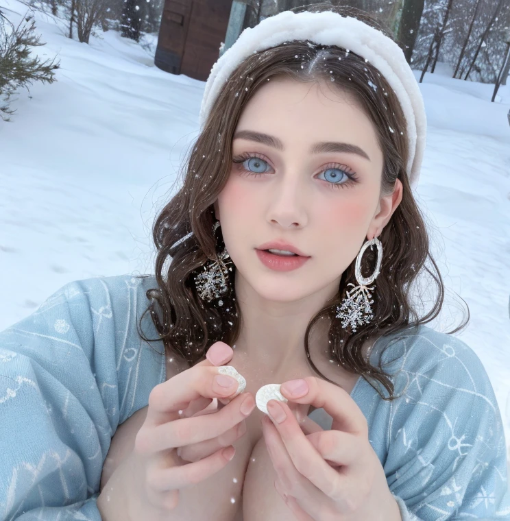 Beautiful girl, blue eyes, long curly white hair witg, detailed facial traits, beautiful earrings, national turkic female dress, naked breasts, naked nipples, yurta behind, it's snowing, sexy pose, beautiful headring with handing coins