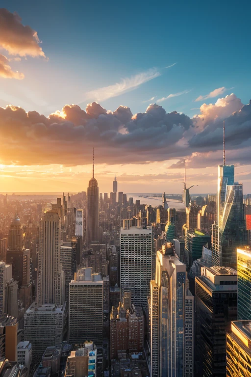 Highest quality、Golden Morning Future City、Watching from on high、Buildings shining in the sunset、8K