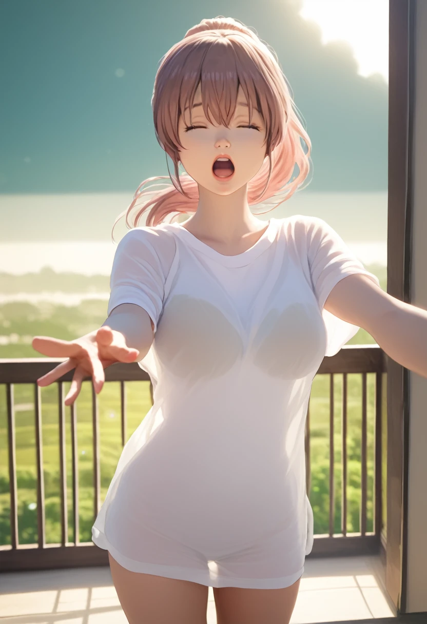 score_9,score_8_up,score_7_up,masterpiece,best quality, source anime, photorealistic, hyperrealistic, 8k,photo,raw,super detailed, extreme detailed, rating_explicit, 
1girl, standing, Outstretched arm, Yawning, covering mouth, cowboy shot,
BREAK girl, shouko nishimiya, 18yo, ponytail, pink brown hair, bangs between eyes, brown eyes, (large breasts:0.9),
shiny hair, beautiful detailed eyes, beautiful face,
white long shirt, see through, oversized clothes, zettai ryouiki, bare thighs,
(closed eyes:1.2), wide open mouth,
Apartment balcony, morning, sunlight,