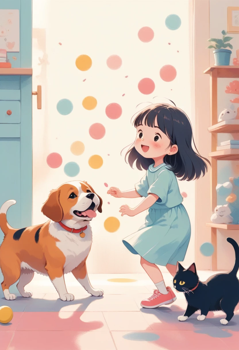 score_9, score_8_up, score_7_up, score_6_up, score_5_up, score_4_up, dog, cat and girl playing together, cute picture book-like illustration style, pastel and vivid color effect