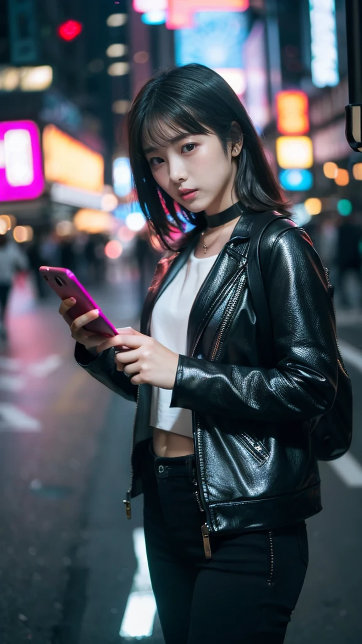 ((Beautiful girl holding a mobile phone in her hand)) 4K 8K:: Realistic::4. Cyberpunk::1 --v 4 --Quality 2