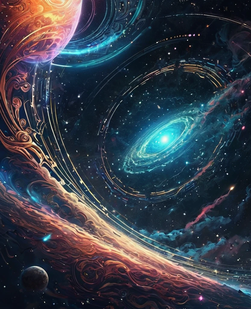 A breathtaking blend of Sebastien Hue's signature style and awe-inspiring sci-fi posters, showcasing an extravagant universe where intricate patterns form hypnotic constellations of light amidst swirling nebulae