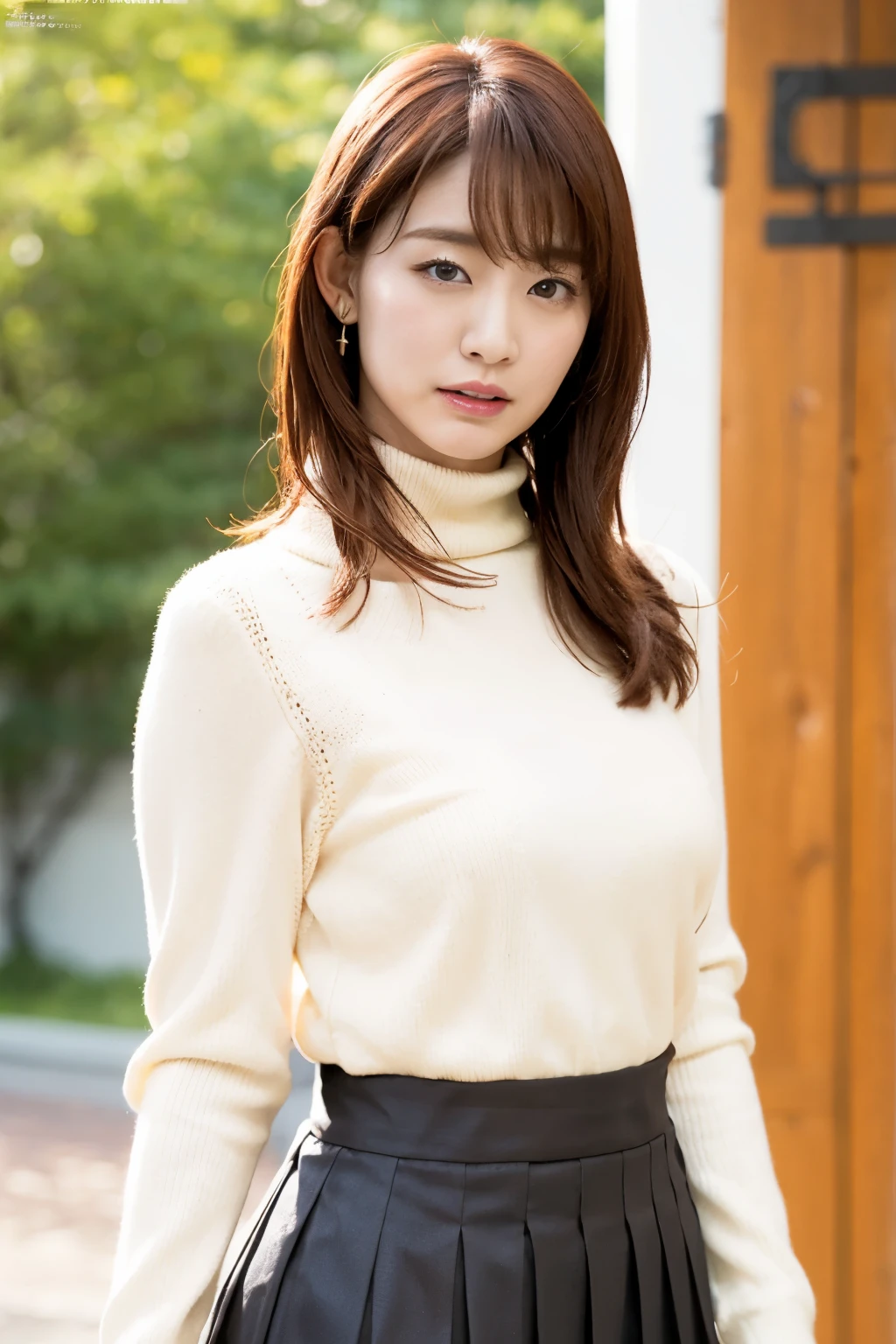 One Japanese woman,Erina Arai 1.0,Highest quality,masterpiece,figure,Very delicate and beautiful,CG,Unity,8k wallpaper,wonderful,In detail,masterpiece,Official Art,Very detailed CG Unity 8k wallpaper,Incredibly absurd,Large file size,Super detailed,High resolution,Very detailed,Beautiful detailed girl,Realistic,turtleneck_sweater,Pleats_skirt,