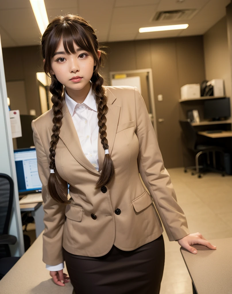 masterpiece, best quality, 1 girl, solo, ager, large breasts, light brown eyes, bangs, brond hair, braids hair, office staff suit, jacket, pencil skirt, upper body, standing, office