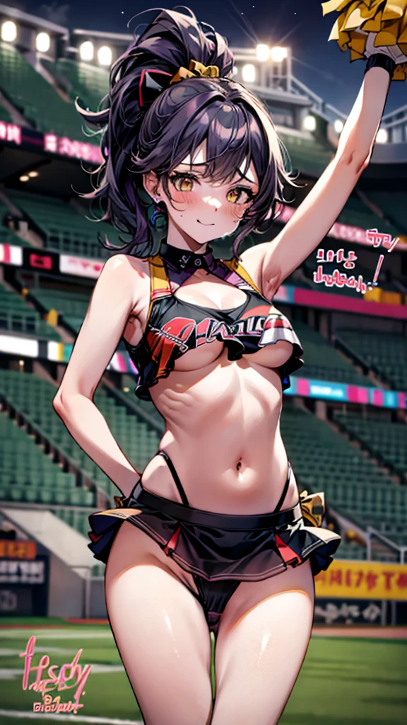 dildo_Under_Cloth:1.5,Bigboobs,cleavage,uni form(yellow,black),group shot:1.7,baseball,baseball stadium,Panty drop:1.5,Clothing with tiger printed on it,tubetops,Underboobs,ponytail,cheerleader, stadium, team spirit, pom-poms, enthusiastic, energetic, crowd, uniform, sports event, cheering, colorful, dynamic pose, happy, vibrant, teamwork, celebration, night game, lights, action