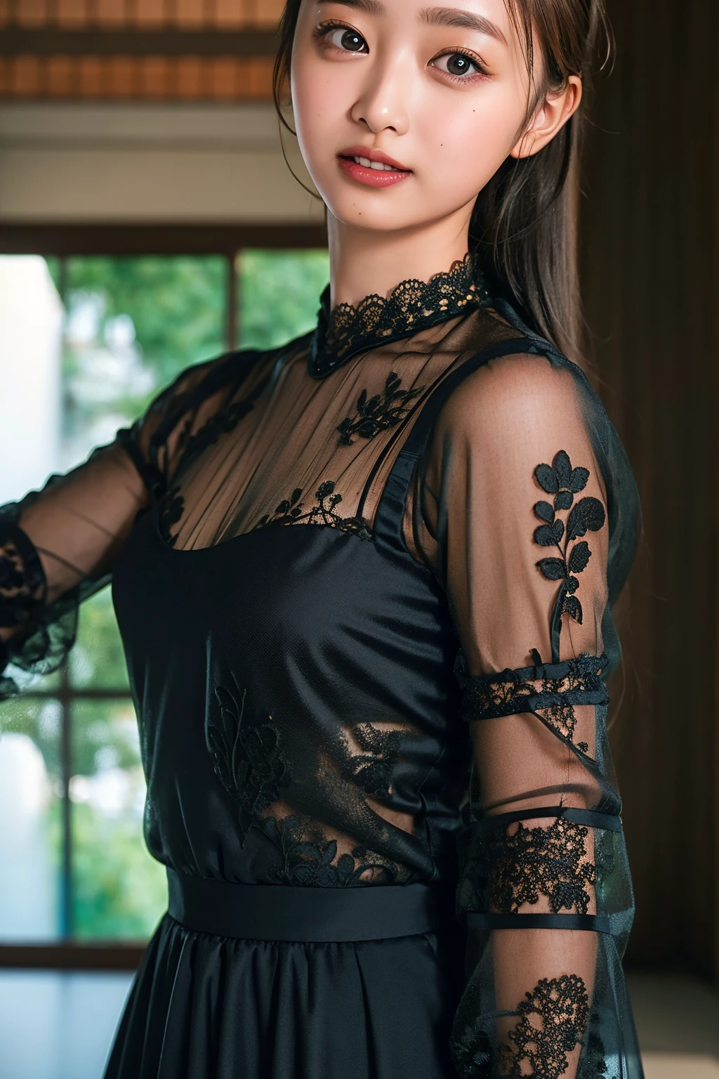 (((upper body shot))),Ultra-high resolution,big eyes,((brown eyes)),Japanese,(forehead),(a girl),(1 girl),((17 years old)),(cute),pretty,((facing at viewer)),arms behind back,grin,(((black lace clothes)))