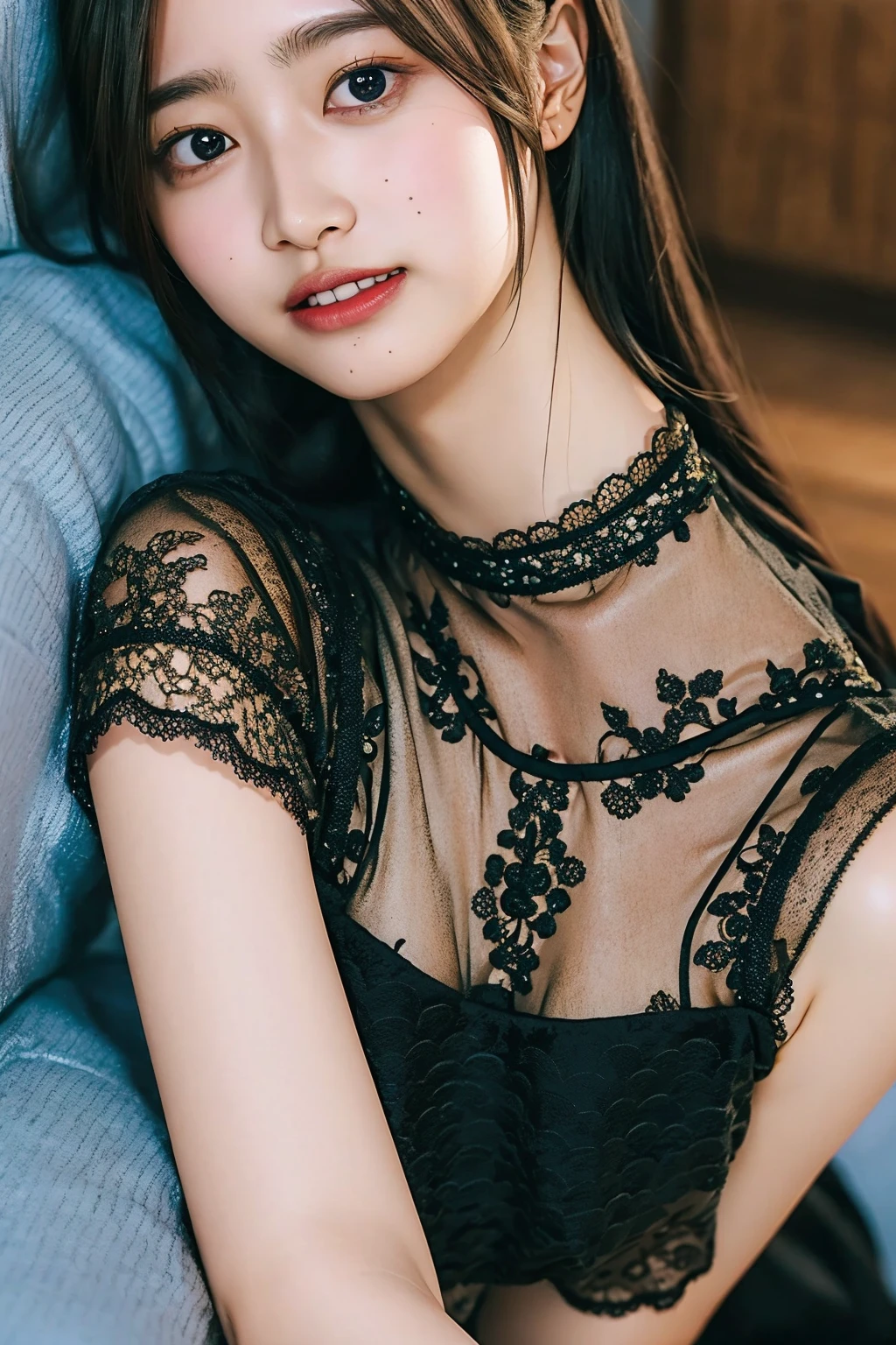 (((upper body shot))),Ultra-high resolution,big eyes,((brown eyes)),Japanese,(forehead),(a girl),(1 girl),((17 years old)),(cute),pretty,((facing at viewer)),arms behind back,grin,(((black lace clothes)))