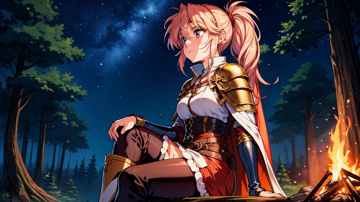 A human female adventurer camping outdoors in a fantasy game world, illustrated in a Japanese anime style. She is sitting on a log near a campfire, with her long, flowing hair tied back in a ponytail. She is dressed in detailed medieval-style adventurer clothing with leather armor, a cape, and boots. Her large, expressive eyes are highlighted by the warm, flickering campfire light, and she has a thoughtful expression as she gazes into the fire. The background features a dense, enchanted forest under a starry night sky. The scene is detailed with vibrant colors and a focus on anime aesthetics. 1920x1080 resolution.