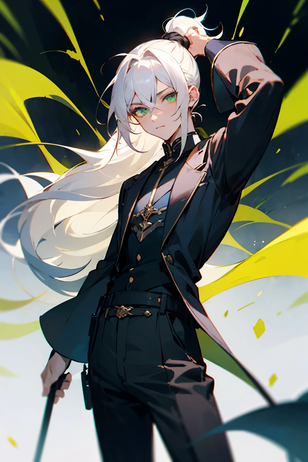 Young man, Male, long White hair tied into a ponytail, bright Green eyes, dark clothes