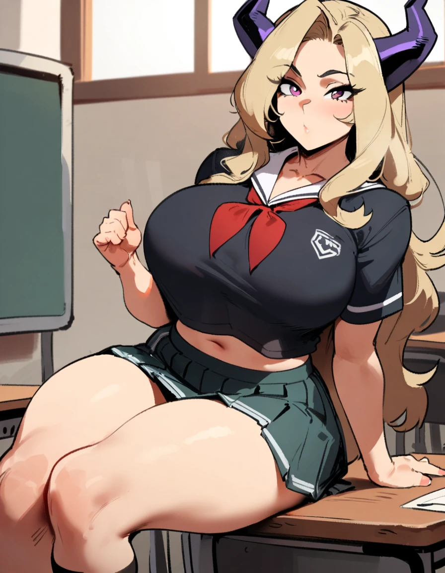 1girl, mount lady, boku no hero academia \\\\\ masterpiece, best quality, very aesthetic, absurdres, newest \\\\\\ sportive body, \\\\\\ by dodok, nyantcha, cutesexyrobutts, by khyle ///// blonde, purple eyes, (school uniform:1.2), skirt, at school, 24 years old, big breasts