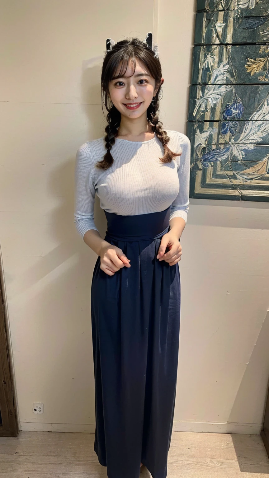 (8K、RAW Photos、Highest quality、masterpiece:1.2)、(Realistic、Realistic)、1 girl、((Popular clothing:1.5、With pubic hair、Large Breasts、Full body from the front、Standing with hands behind back、))、Lots of eyelashes、Glowing eyelids、skeletally correct、smile、This photo will awaken boys to sex