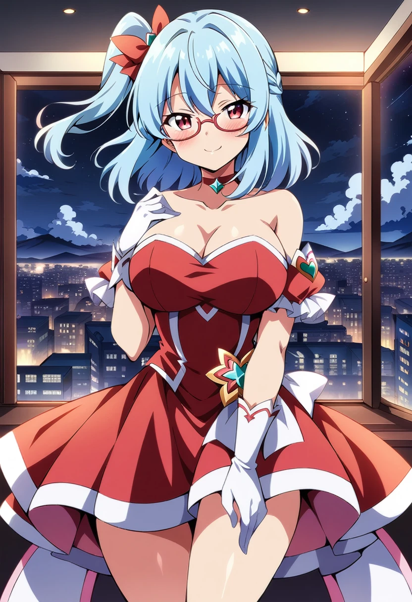 (anime art style), masterpiece, best quality, very aesthetic, absurdres, 1girl, solo, red eyes, light blue hair, medium hair, one side up, bangs, hair between eyes, hair ribbons, red dress, magical girl dress, short sleeves, strapless, choker, white gloves, glasses, white high heels, star symbol on dress, thighs, big breasts, blush, smile, sexy, collarbone, cleavage, ((feet out frame)), ((from front)), window, city, sky, clouds, night, (standing), (looking at viewer:1.0)