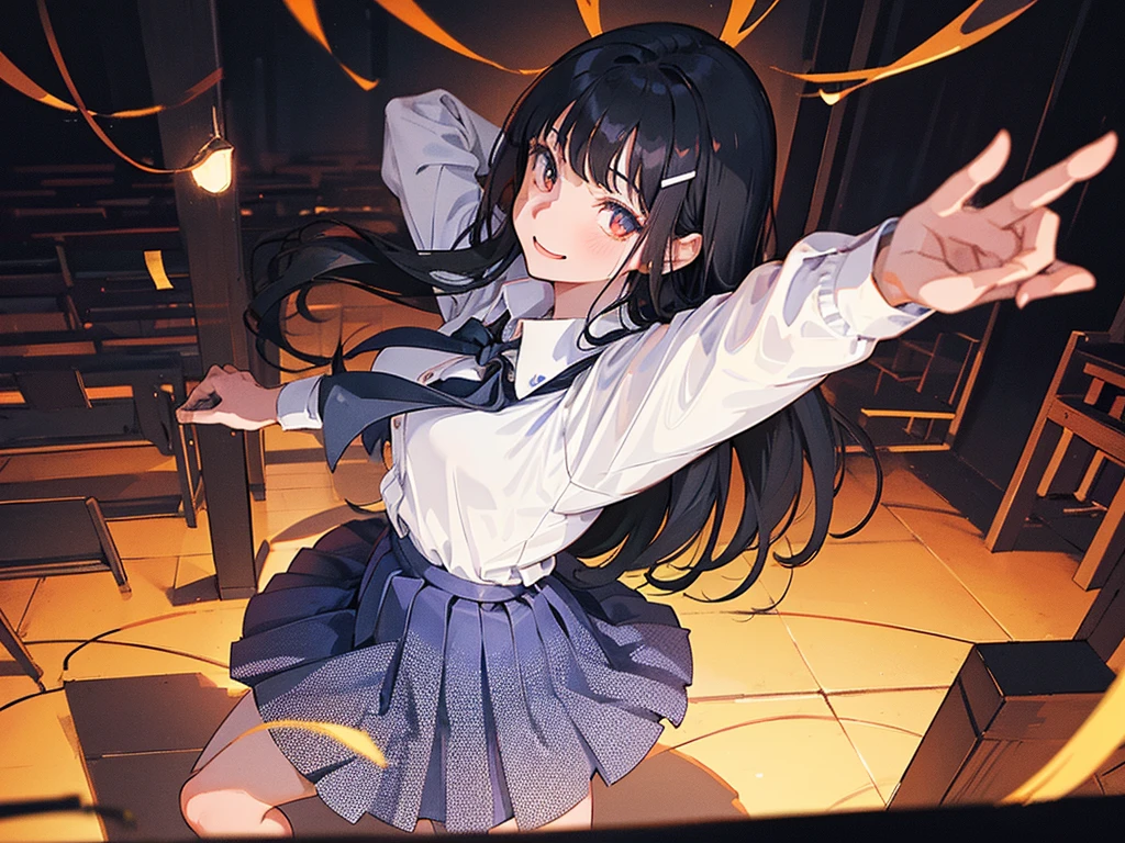 1girl, Standing upright in a classroom in a dark atmosphere at night, (schoolgirl uniform), long black hair, pleated skirt, spooky smile,spooky light, ((wide shot)), (looking at viewer), 18 years old, ((from front shot))