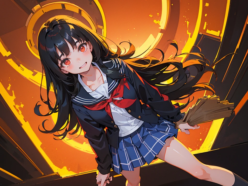1girl, Standing upright in a classroom in a dark atmosphere at night, (schoolgirl uniform), long black hair, pleated skirt, spooky smile,spooky light, ((wide shot)), (looking at viewer), 18 years old, ((from front shot))