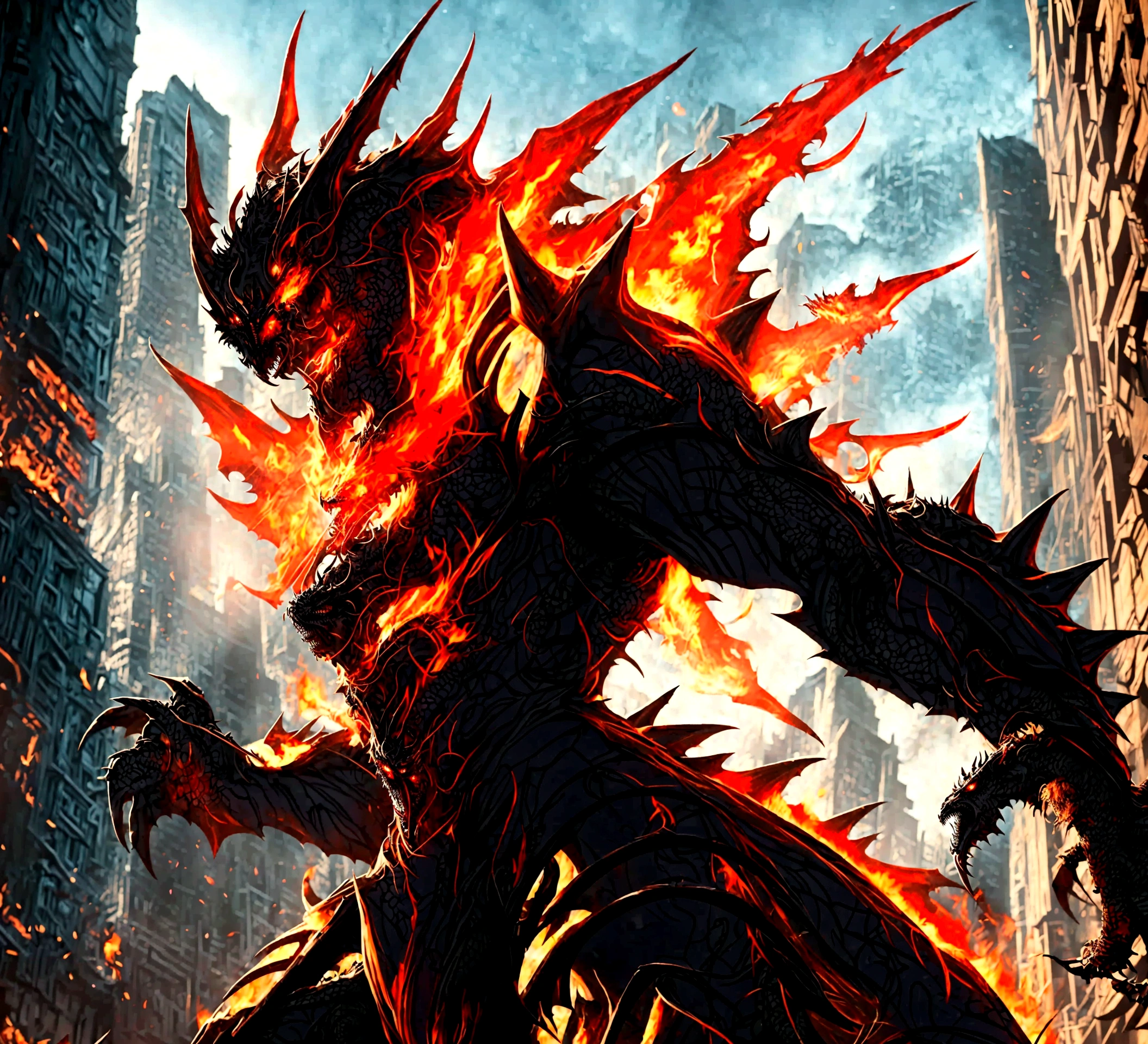 demonic looking demonic looking demon in a city with fire, deathwing, guildwar artwork, alduin, roshan, by Arthur Pan, colossal dragon in background, colossal dragon as background, balrog, guild wars 2, from pacific rim, epic dragon, darksiders style, cg art, ''dragon breathing fire, pacific rim, dragon cyborg