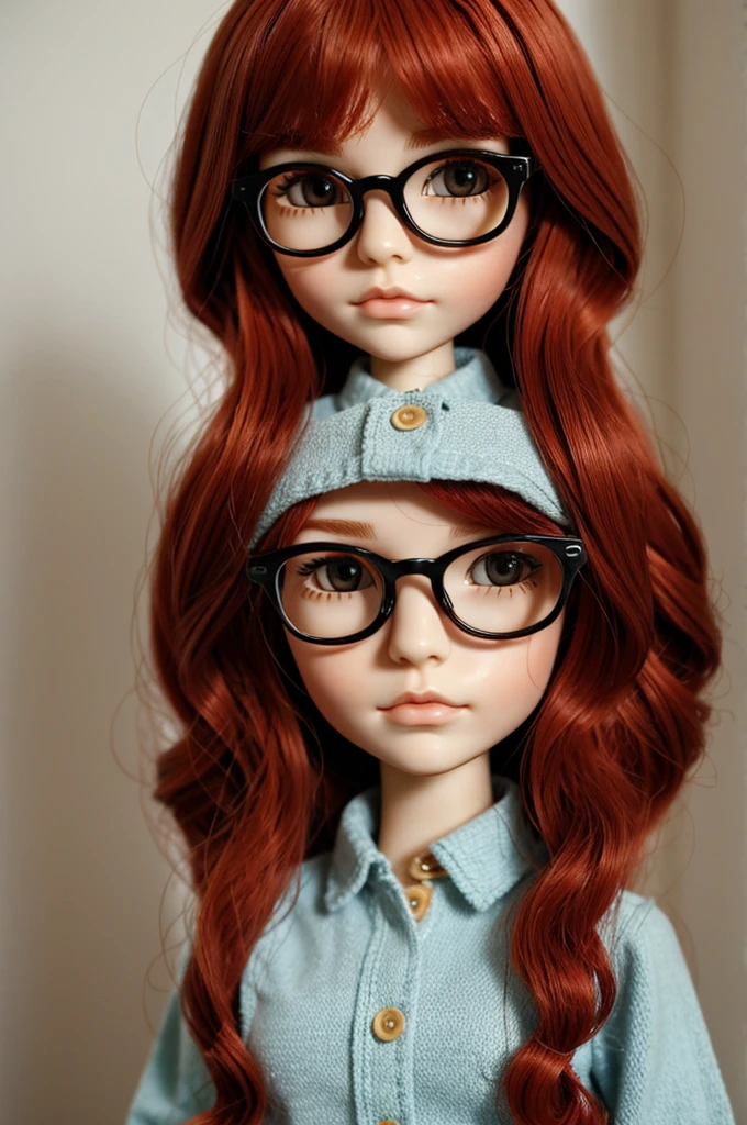 Blythe doll, short red curly hair, without pompadour, black glasses and brown eyes