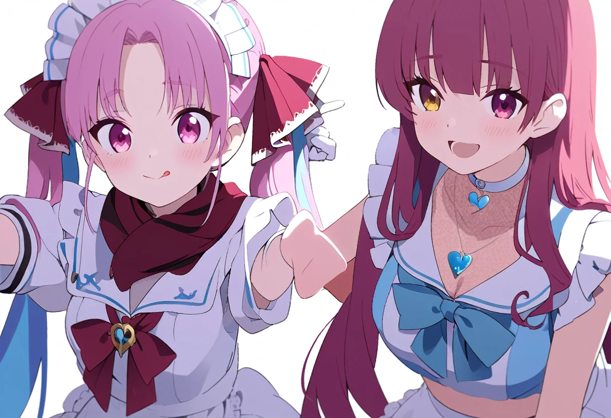 delicate、masterpiece、Highest quality、2 peopleの女の子、2 peopleだけ、2 people、virtual、Aquamarine、cute、(((Houshou Marine,cute、Redhead、Twin tails in a high position,Straight Hair、distinct eyes,The left eye is yellow and the right eye is red.,Red belly-baring outfit、A red scarf and a light blue pendant on her chest.、White gloves、Haveは無し。)))、(((Minato Aqua、cute、Pink Hair、Light blue mesh hair、Low twin tails、Curly hair、Pink Eyes、Cute sailor maid outfit、Have。)))、White Background、Flat Color、sketch