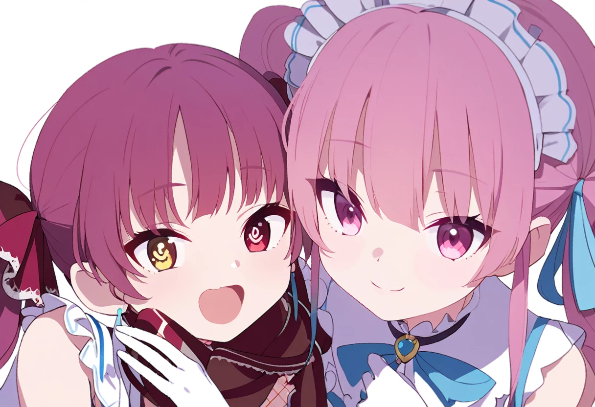 delicate、masterpiece、Highest quality、2 peopleの女の子、2 peopleだけ、2 people、virtual、Aquamarine、cute、(((Houshou Marine,cute、Redhead、Twin tails in a high position,Straight Hair、distinct eyes,The left eye is yellow and the right eye is red.,Red belly-baring outfit、A red scarf and a light blue pendant on her chest.、White gloves、Haveは無し。)))、(((Minato Aqua、cute、Pink Hair、Light blue mesh hair、Low twin tails、Curly hair、Pink Eyes、Cute sailor maid outfit、Have。)))、White Background、Flat Color、sketch