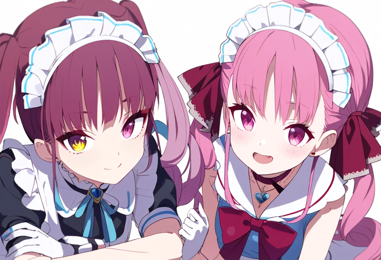 delicate、masterpiece、Highest quality、2 peopleの女の子、2 peopleだけ、2 people、virtual、Aquamarine、cute、(((Houshou Marine,cute、Redhead、Twin tails in a high position,Straight Hair、distinct eyes,The left eye is yellow and the right eye is red.,Red belly-baring outfit、A red scarf and a light blue pendant on her chest.、White gloves、Haveは無し。)))、(((Minato Aqua、cute、Pink Hair、Light blue mesh hair、Low twin tails、Curly hair、Pink Eyes、Cute sailor maid outfit、Have。)))、White Background、Flat Color、sketch