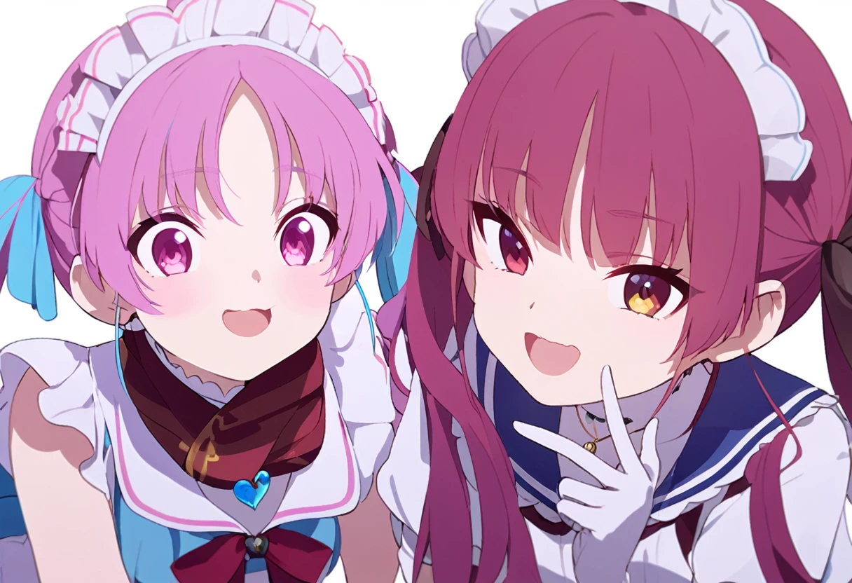 delicate、masterpiece、Highest quality、2 peopleの女の子、2 peopleだけ、2 people、virtual、Aquamarine、cute、(((Houshou Marine，cute、Redhead、Twin tails in a high position，Straight Hair、distinct eyes，The left eye is yellow and the right eye is red.，Red belly-baring outfit、A red scarf and a light blue pendant on her chest.、White gloves、Haveは無し。)))、(((Minato Aqua、cute、Pink Hair、Light blue mesh hair、Low twin tails、Curly hair、Pink Eyes、Cute sailor maid outfit、Have。)))、White Background、Flat Color、sketch