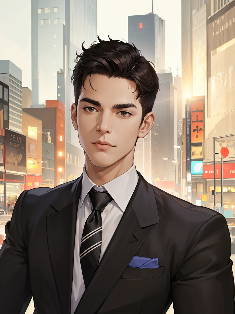 (absurdres, highres, ultra detailed, realistic, ), 1 male, solo, adult, mature, tall muscular guy, broad shoulders, handsome, very short hair, black hair, brown eyes, angular jaw, thick neck, thick eyebrows, night, dark, the night view of the city background, formal suit, necktie, upper body