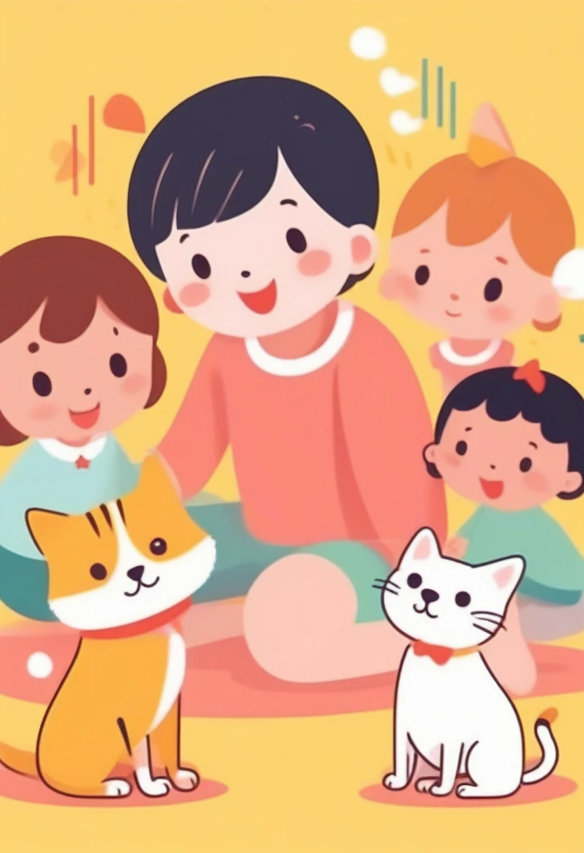 score_9, score_8_up, score_7_up, score_6_up, score_5_up, score_4_up, dog, cat and girl playing together, cute picture book-like illustration style, pastel and vivid color effect