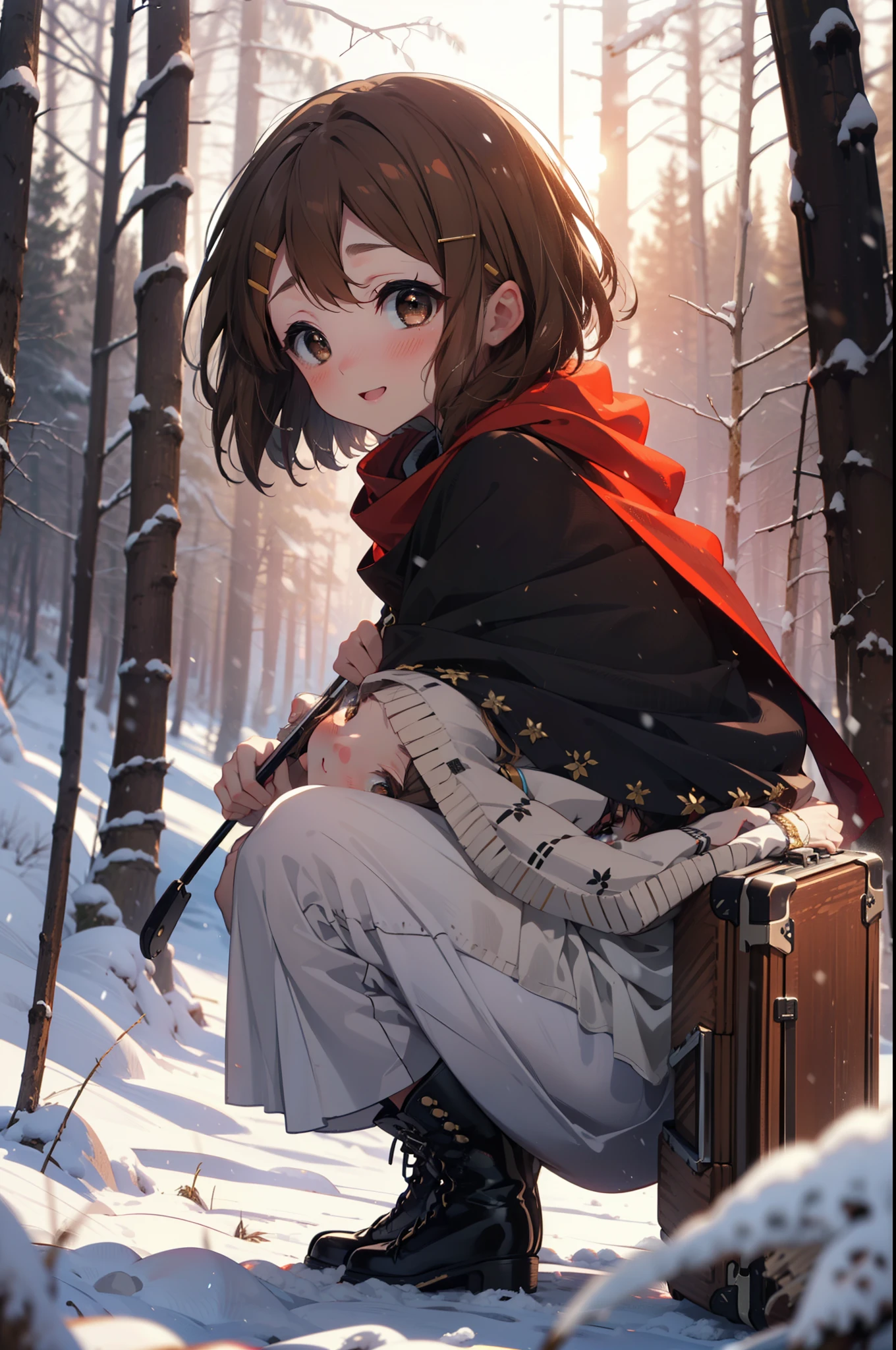 yuihirasawa, Yui Hirasawa, short hair, Brown Hair, hair ornaments, (Brown eyes:1.5), Hair Clip、smile,smile,blush,White Breath,
Open your mouth,snow,Ground bonfire,, Outdoor, boots, snowing, From the side, wood, suitcase, Cape, Blurred, , forest, White handbag, nature,  Squat, Mouth closed, Cape, winter, Written boundary depth, Black shoes, red Cape break looking at viewer, Upper Body, whole body, break Outdoor, forest, nature, break (masterpiece:1.2), Highest quality, High resolution, unity 8k wallpaper, (shape:0.8), (Beautiful and beautiful eyes:1.6), Highly detailed face, Perfect lighting, Highly detailed CG, (Perfect hands, Perfect Anatomy),