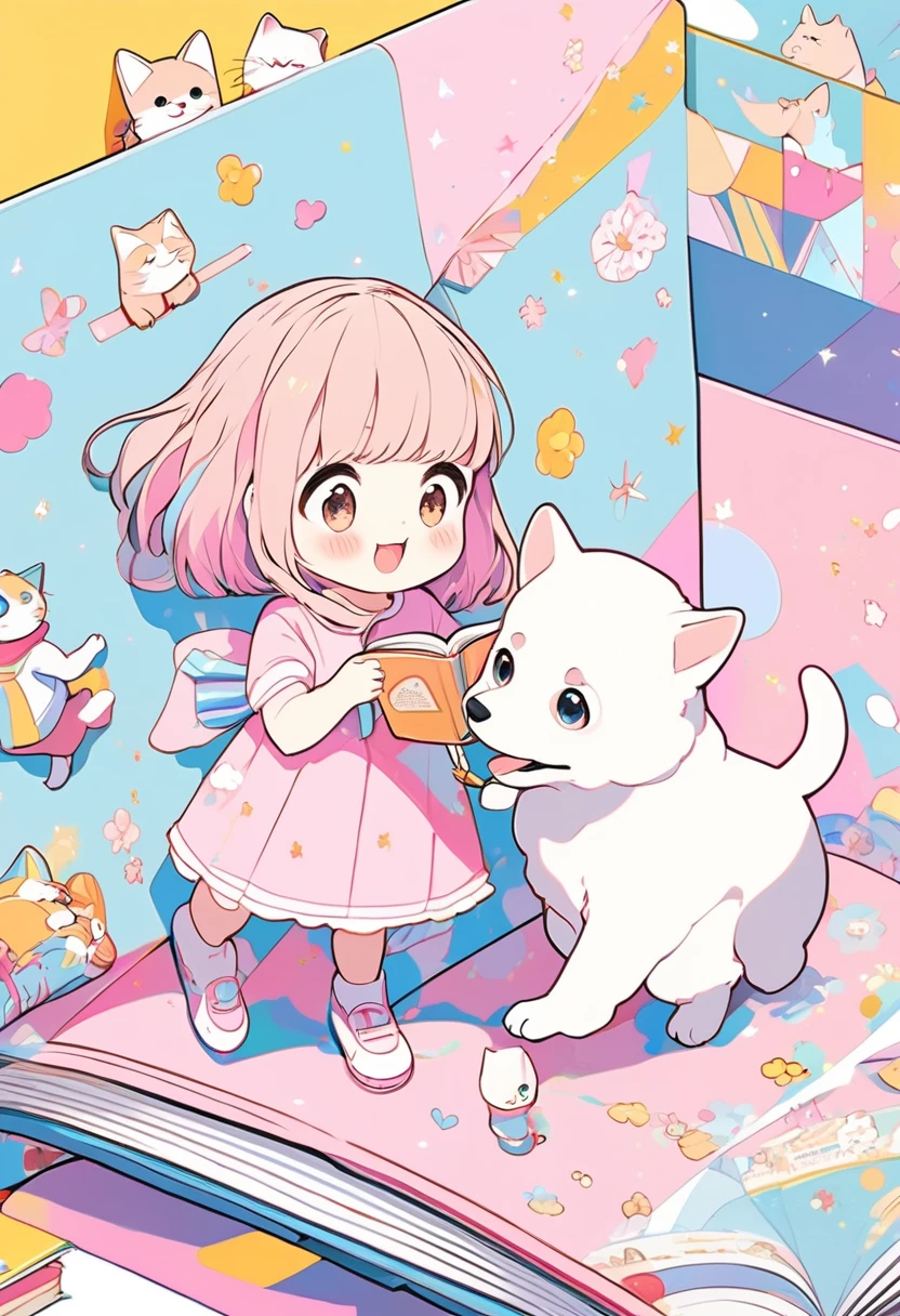 best quality, super fine, 16k, incredibly absurdres, extremely detailed, 2.5D, delicate and dynamic depiction, dog, cat and girl playing together, cute picture book-like illustration style, pastel and vivid color effect